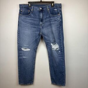 Levis 502 Jeans Mens 38x32 Blue Tapered Leg Distressed Medium Wash Denim Stretch